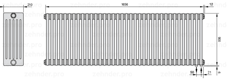 Схема (чертеж) Радиатор Zehnder Charleston 6090/36 №5510 Белый глянцевый RAL 9016